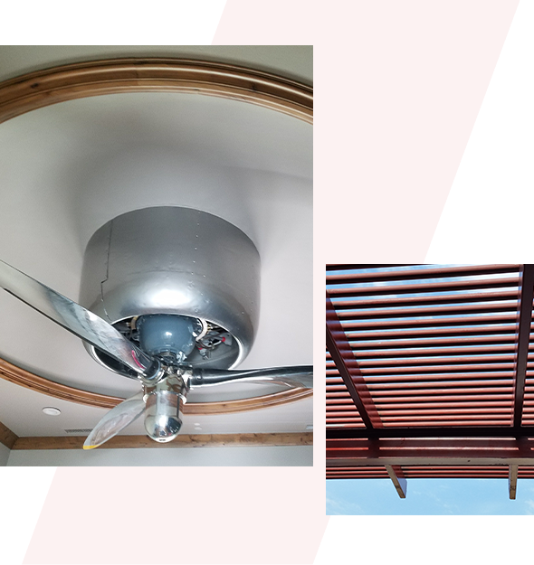 A ceiling fan and a wooden structure